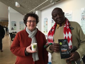 ​​Elin Jones AM and Fairtrade farmer Nimrod Wambette: At Aberystwyth Arts Centre