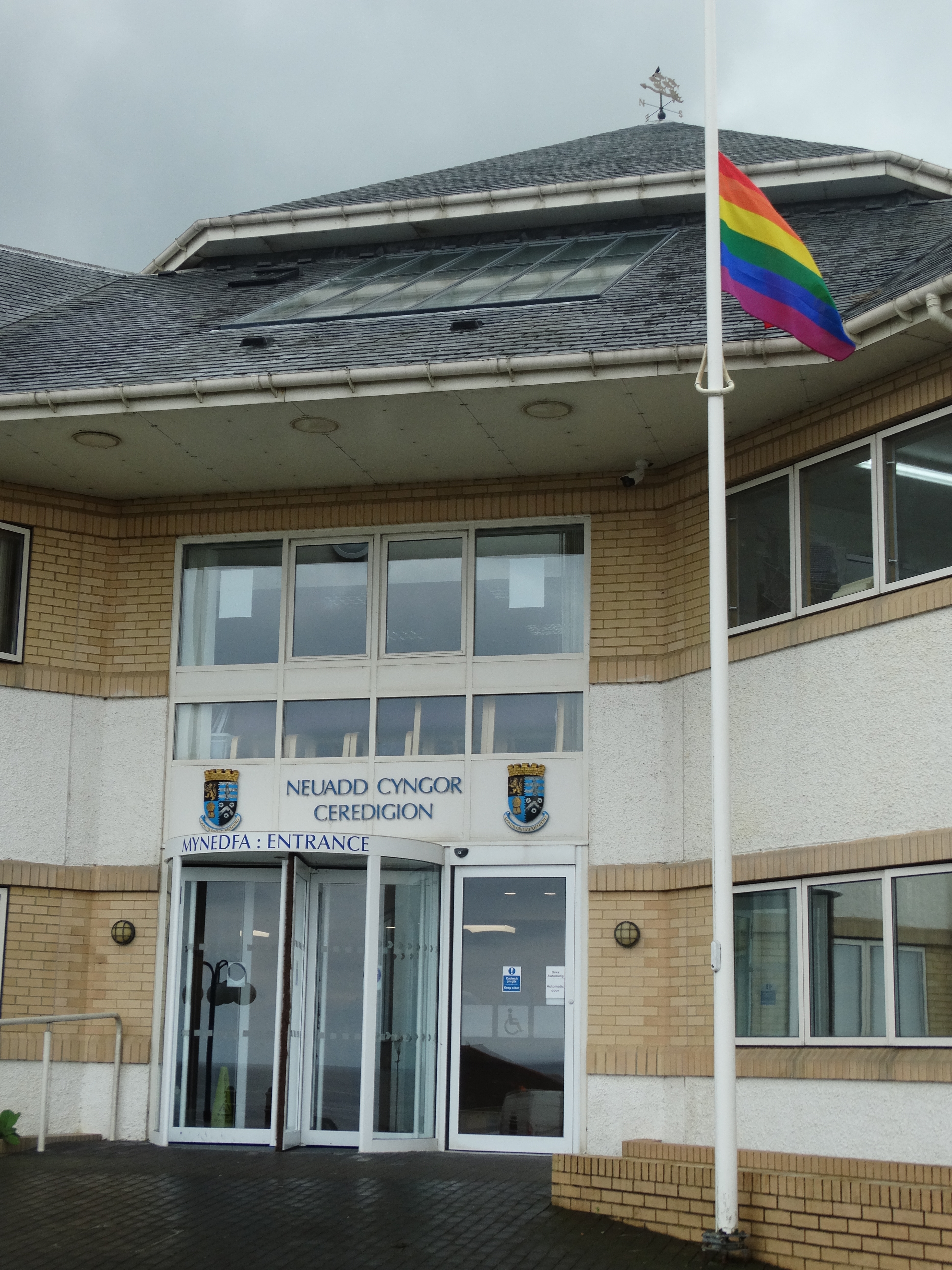 Rainbow flag: At half-mast on Ceredigion County Council’s Penmorfa building