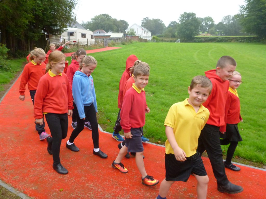 On the right path: Pupils at Ysgol Talgarreg using the new footpath