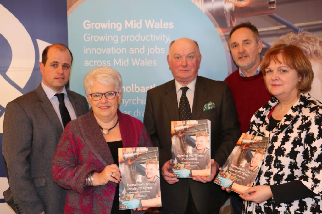 Councillor Gareth Lloyd - Ceredigion County Council Cabinet Member for Community and Economic Development Services, Councillor Ellen ap Gwynn - Ceredigion County Council Leader and Vice Chair of Growing Mid Wales, Councillor Barry Thomas – Leader of Powys County Council and Chairman of Growing Mid Wales, Arwyn Watkins - representing the Regional Learning and Skills Partnership, and Ann Watkin - Welsh Government.