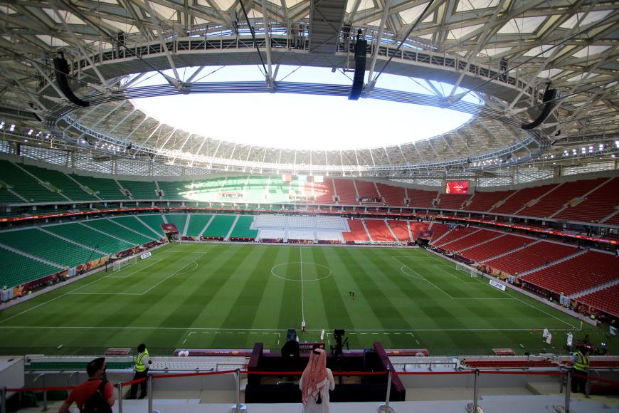 View of the Al Thumama Stadium is seen in Doha, Qatar, October 22, 2021. The stadium will be one of the venues for the 2022 World Cup. © 2021 AP Photo/Hussein Sayed