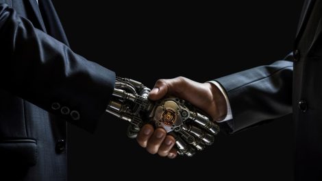 Ai robot hand shaking human hand.