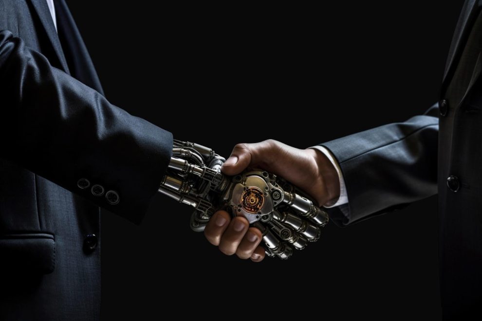 Ai robot hand shaking human hand.
